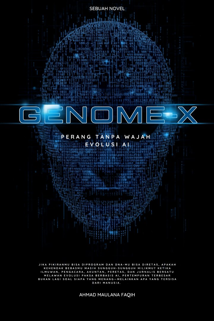 Sampul novel GENOME-X: Perang Tanpa Wajah — Evolusi AI, karya Ahmad Maulana Faqih